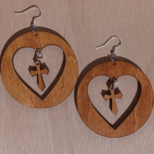 Dangling Cross In Heart Wooden Earrings