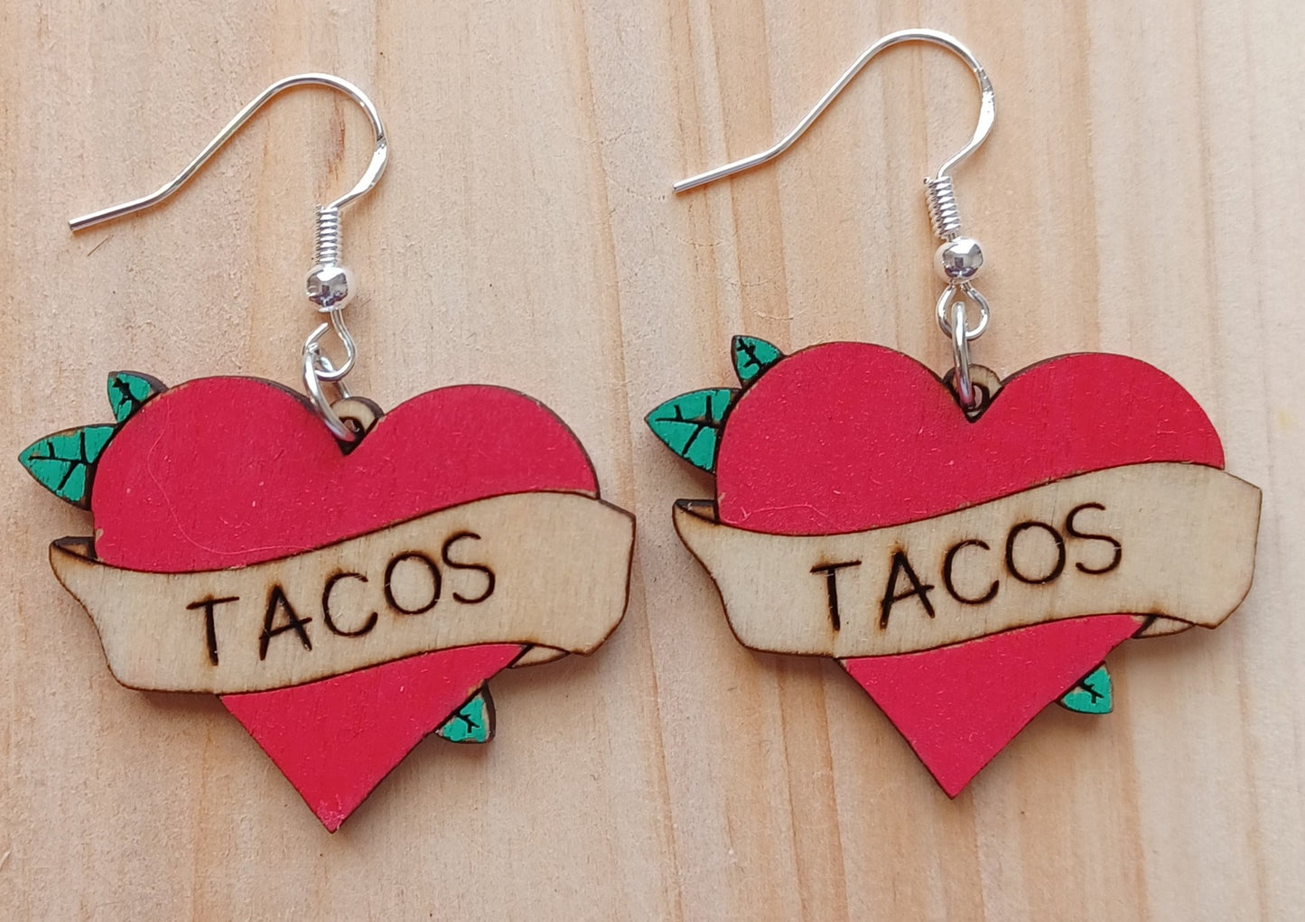 Wooden Heart Tattoo Earrings