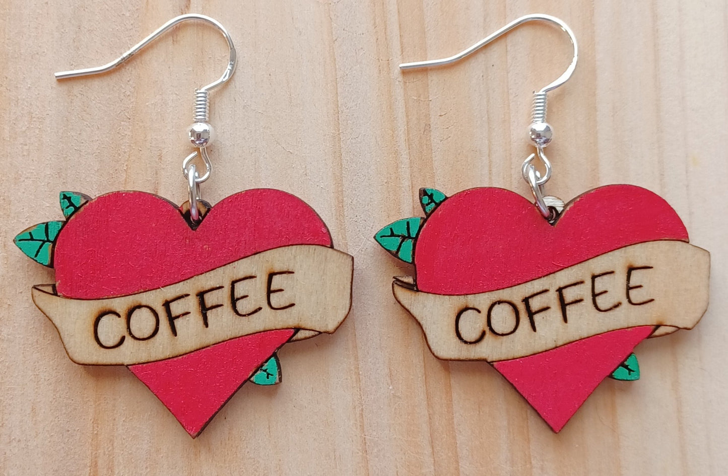 Wooden Heart Tattoo Earrings